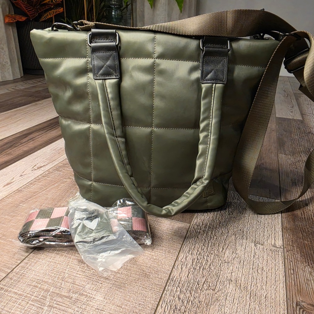 IHKWIP Quilted Puffer Tote Bag Women OS Olive Green Nylon Crossbody Utility Chic